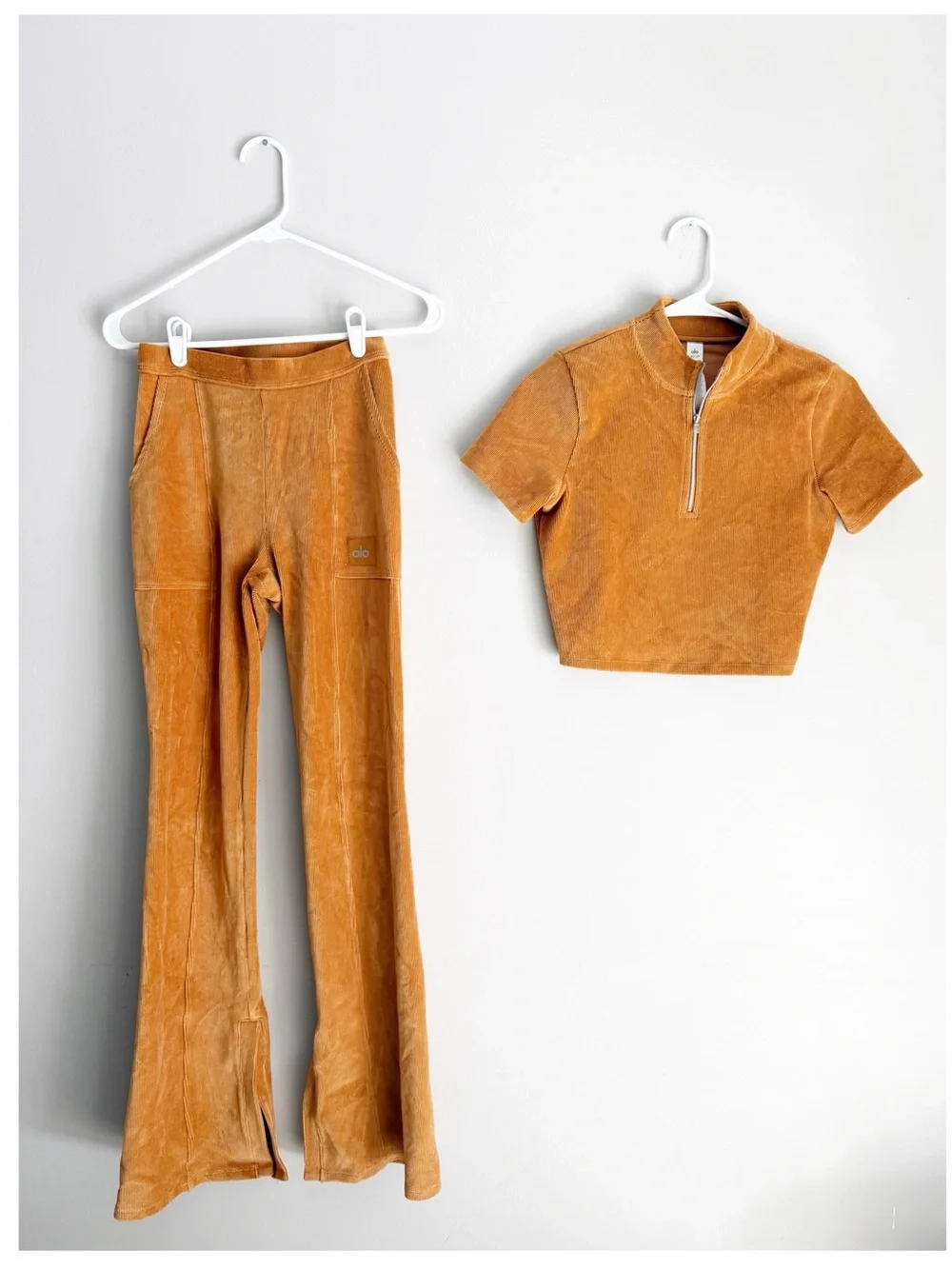 ALO yoga micro corduroy two piece winter break set mock neck flare pants
